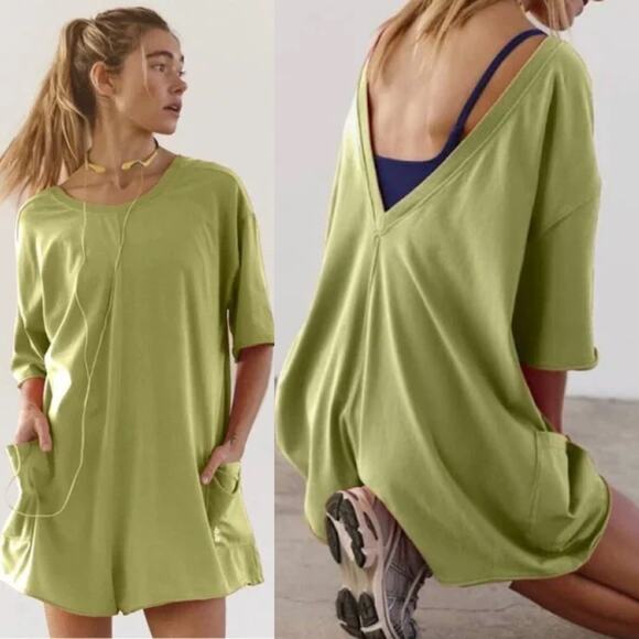NEW Free People Hot Shot Tee Romper Lighting Subtle Lime Green Oversize Small - Picture 1 of 6